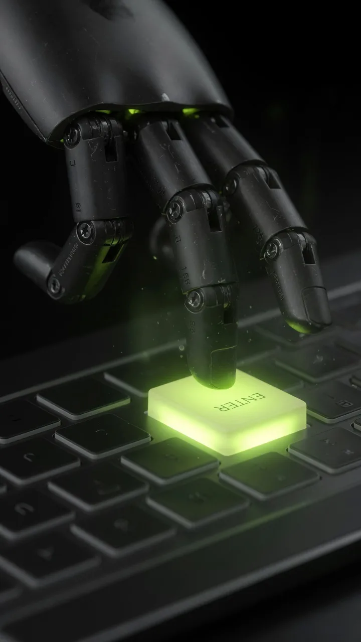 Robot hand pressing a glowing green key