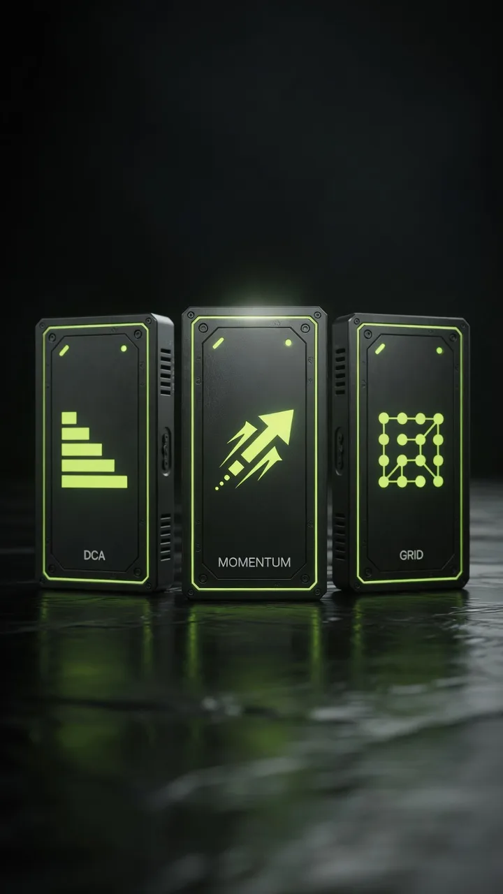 Three glowing strategy modules